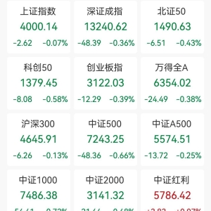 A股收评：三大指数小幅下跌，沪指跌0.07%报4000点创业板指跌0.39%，培育钻石板块回撤 ...