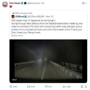 特斯拉Cybertruck车主感谢马斯克：FSD救了我一命！避免与迎面而来时速75英里车辆正面 ...