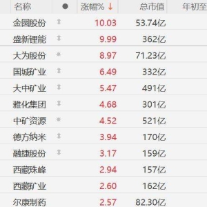 A股锂矿股继续强势，金圆股份、盛新锂能涨停，大为股份涨9%，国城矿业涨6%，大中矿业 ...
