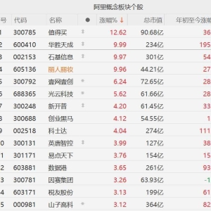 A股阿里概念股走强，值得买涨超12%，华胜天成、石基信息、丽人丽妆涨停，壹网壹创涨超 ...