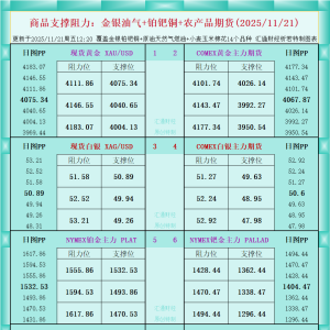 一张图看商品支撑阻力：金银油气+铂钯铜农产品期货(2025年11月21日) ...