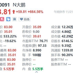 A股北交所新股N大鹏临近午盘持续拉升，一度大涨822%，午间收涨664.56% ...