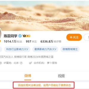 热搜！知名车评人陈震被全网多平台禁言，总粉丝超2400万！
