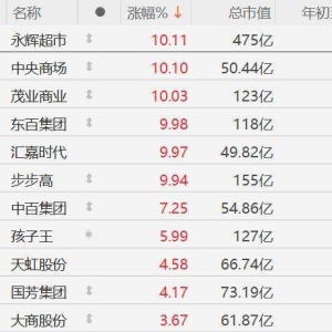 A股零售股强势，永辉超市、中央商场、茂业商业、东百集团、汇嘉时代、步步高涨停，中 ...