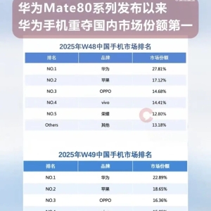 连续2周超越苹果，华为手机重夺国内市场份额第一！