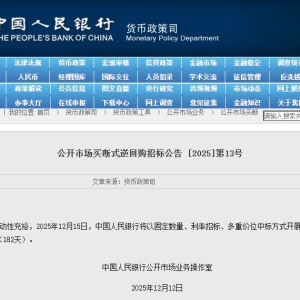 央行：12月15日将开展6000亿元买断式逆回购操作
